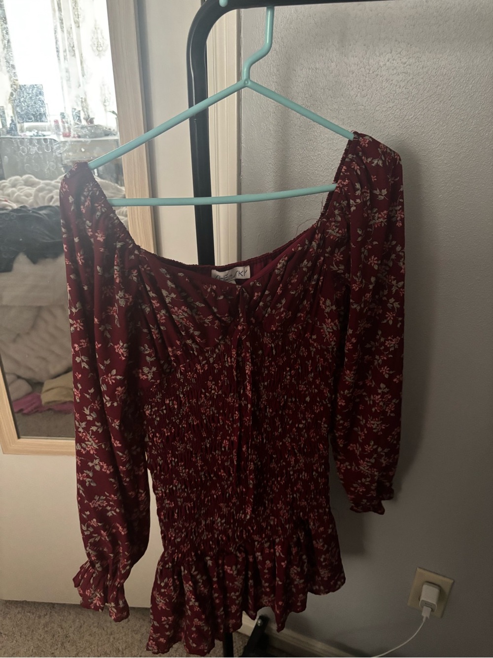 Smocked Burgundy Floral Long-Sleeve Dress